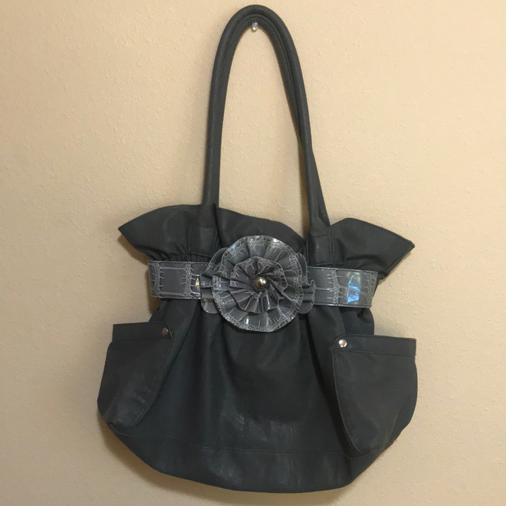 Grey Purse with Flower Accent